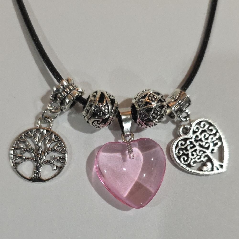 Pink Heart Bead & Silver Charm Necklace – 18" Black Cord Chic Women’s Jewelry - Picture 6 of 8